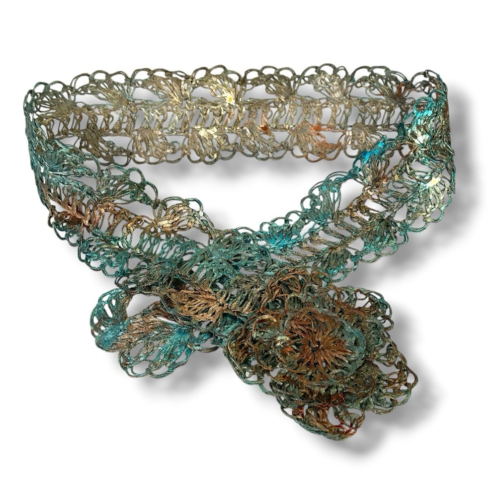 Vintage Handmade Metal Wire Lace Crochet Belt w/Large Flower Buckle Teal 38-39"